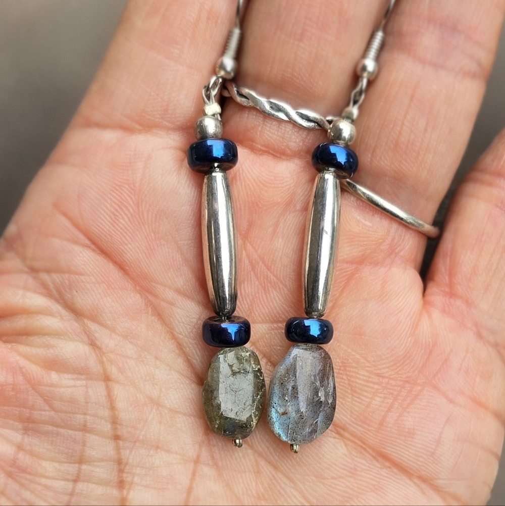 Handmade chunky labradorite nugget rainbow sheen blue rondelle bead silver earri